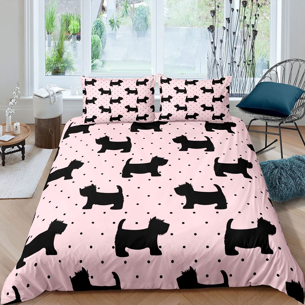 Housse de couette chien 3D avec 2 taies lit King rose à pois enfants