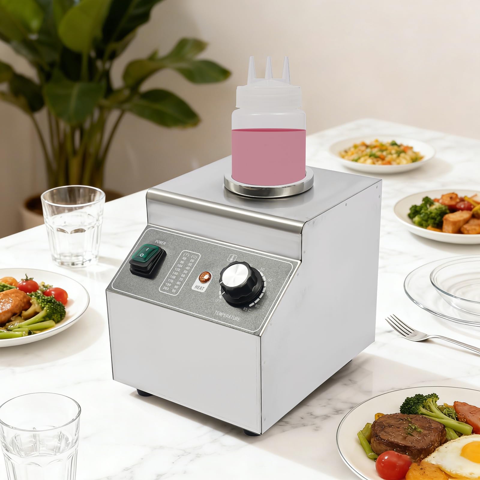 Scaldavivande elettrico con bottiglia da 680 ml, scaldavivande per cioccolato/formaggio, in acciaio inox, dispenser per salse con regolazione della temperatura 30-85 °C, 100 W, per ristoranti, caffè e