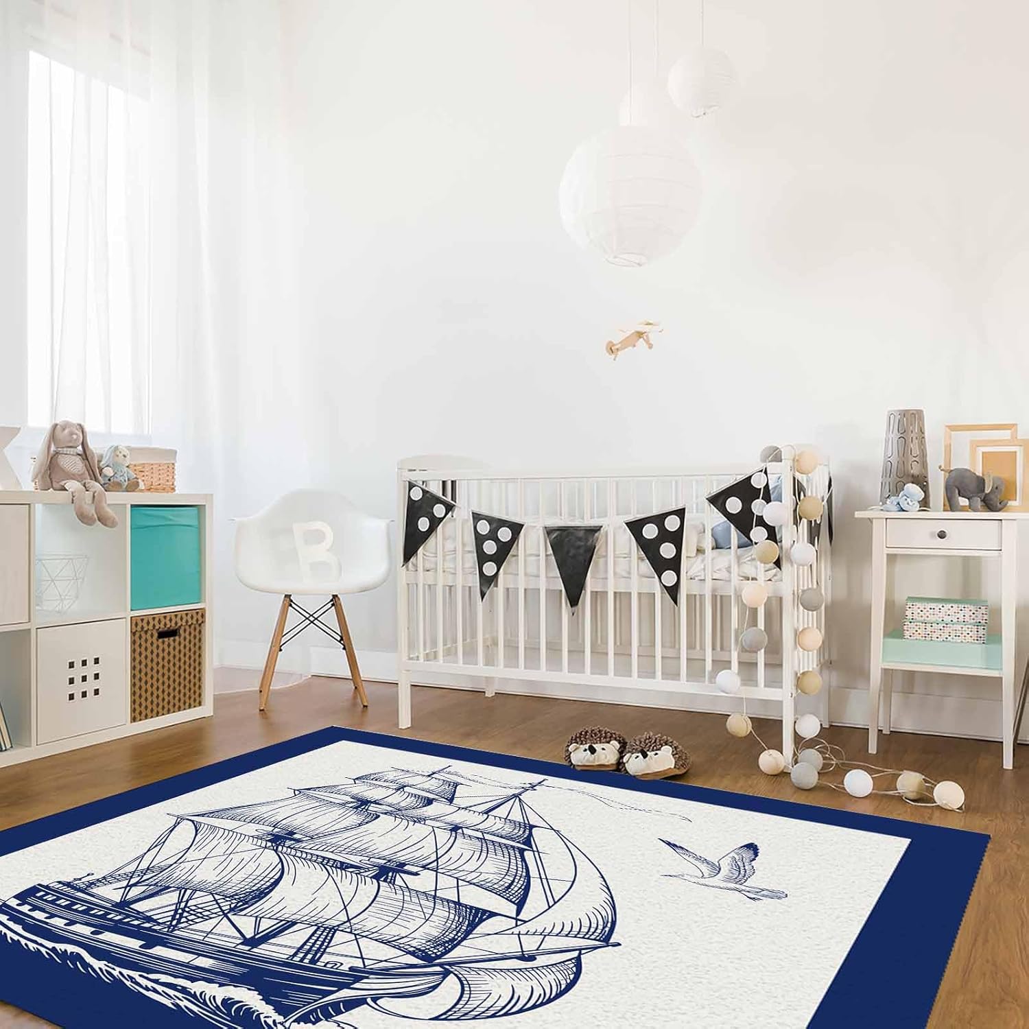 DecorLovee Navy Blue Nautical Indoor Outdoor Area Rug, Large Area Rugs for Living Room Bedroom, Beach Ocean Coastal Sailboat Non Slip Bathroom Rugs Washable Throw Carpet Floor Mats Runner 5'x7'