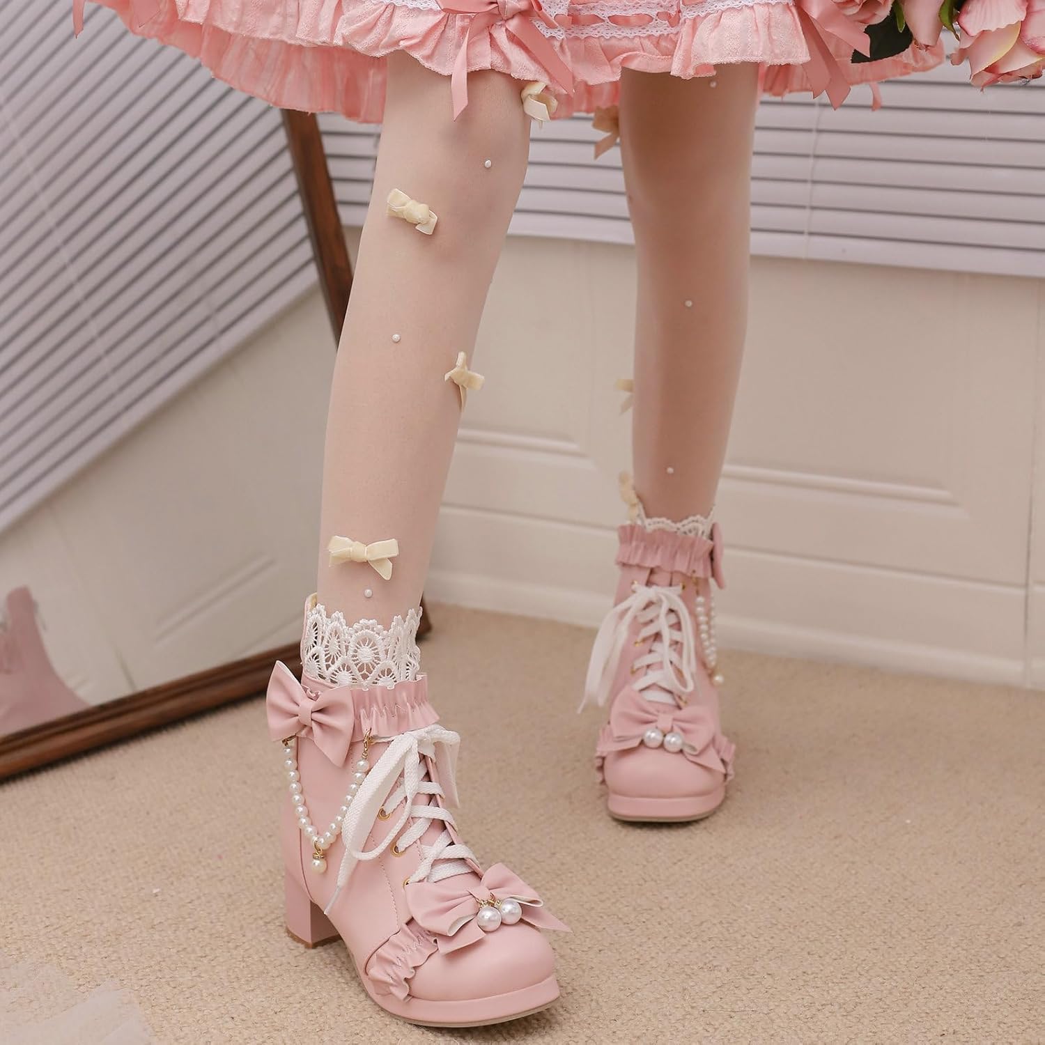 LUXMAX Women Cute Lolita Boots Chunky Mid Heel Ankle Boots with Bow Platform Lace Up Booties with Pearl - Image 9