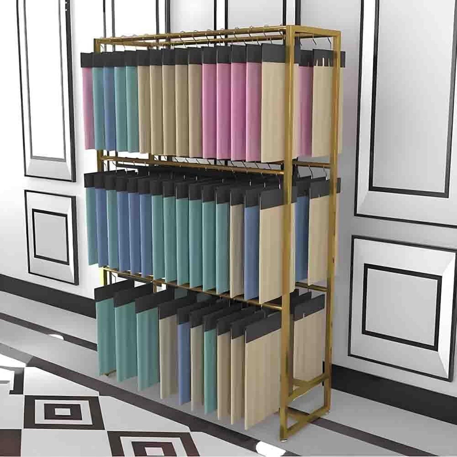 Présentoir commercial double face en métal pour courtepointes, organisateur de rangement sur pied pour la vente au détail, étagère textile à 2 niveaux pour courtepointes, literie, serviettes