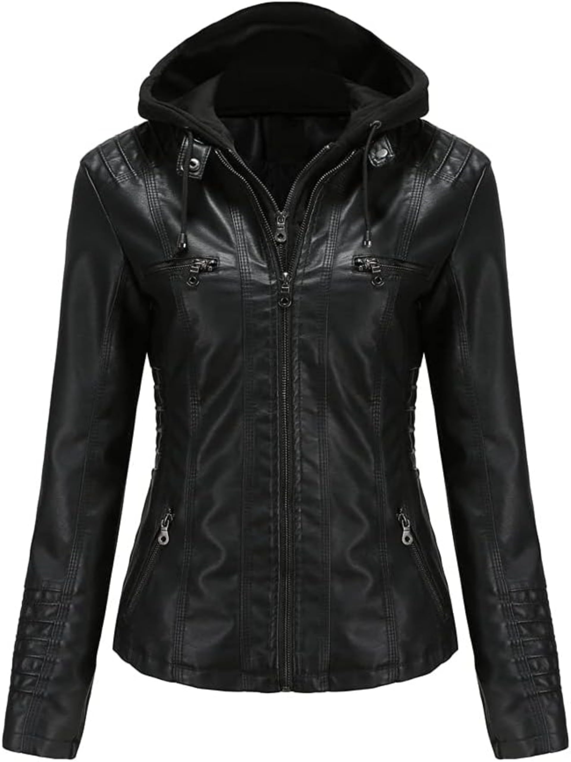 Damen Casual Stehkragen Abnehmbare Kapuze PU Leder Jacke Kunstleder Jacke