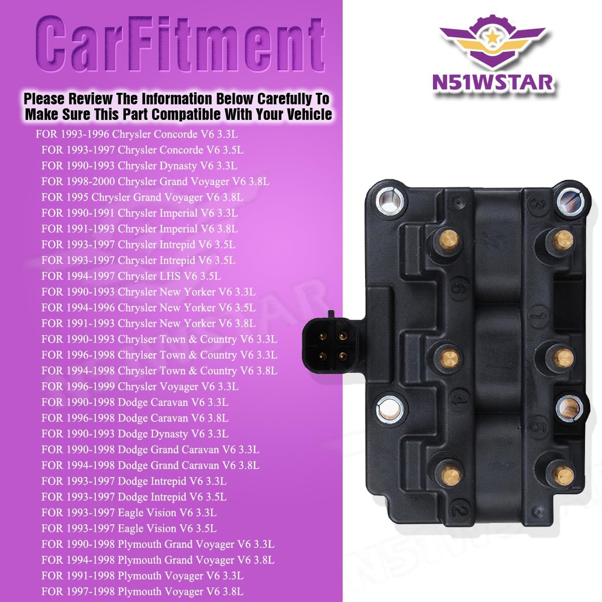 N51WSTARI Ignition Coil Pack Set Of 1 Compatible with Chrysler Dodge Eagle Concorde Dynasty Imperial Intrepid LHS Town & Country Caravan Vision Voyager 90-98 3.3L 3.5L 3.8L V6 Replacement for UF53