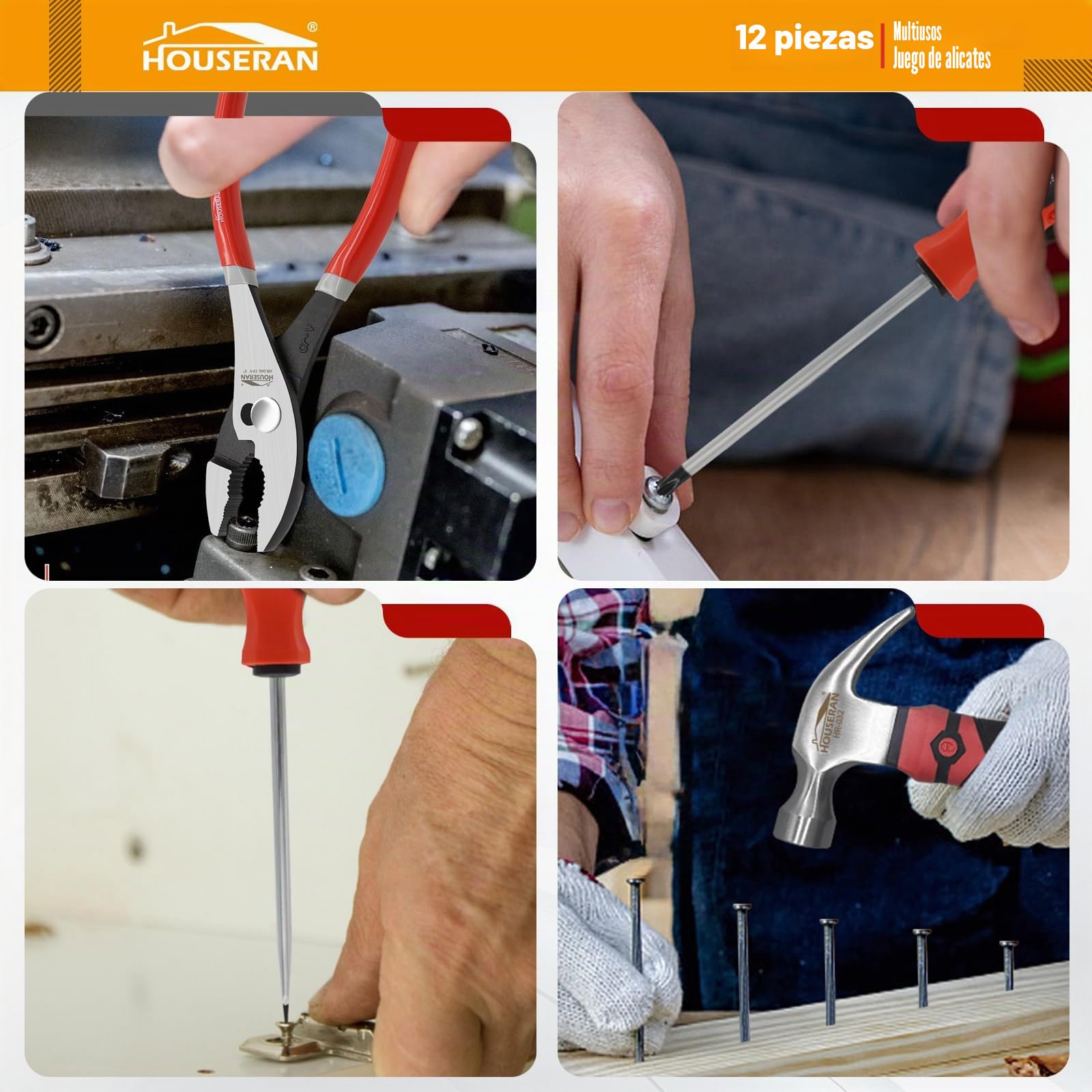 Juego de Herramientas Profesional 12 Piezas – Set de Alicates CRV Resistente, Mazo de Goma, Llave Ajustable, Martillo de Uña y Caja de Herramientas para Electricidad, Reparación del Hogar | 12 herramientas: alicates CRV, mazo de goma, llave ajustable y ma