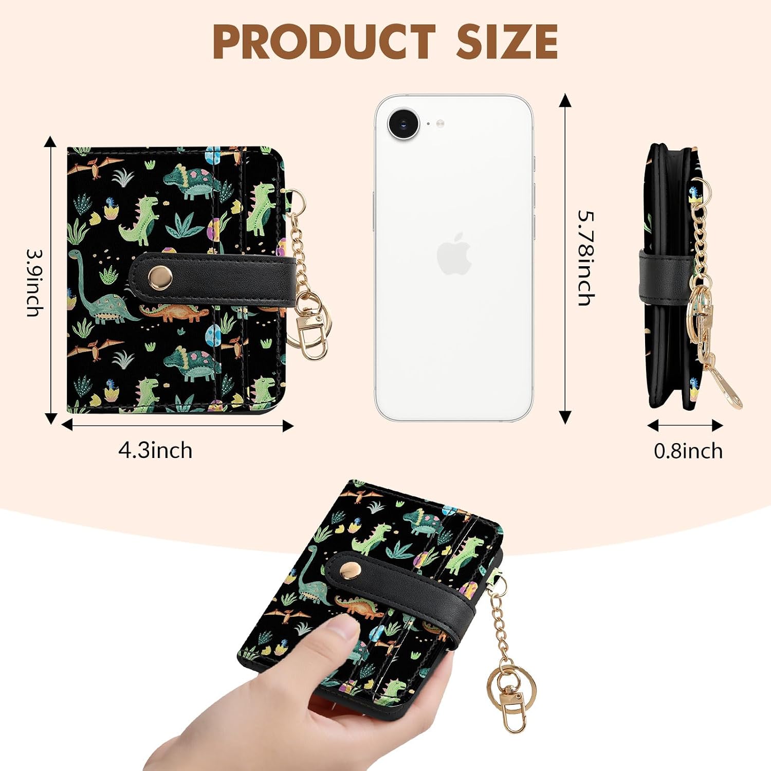 Women Wallet, RFID Blocking Bifold PU Leather Wallet, Small Slim Compact Purse with Clear ID Window & Zipper Coin Pocket, Credit Card Holder for Ladies,1 ID window 8 Card Slots,Dinosaur image 3