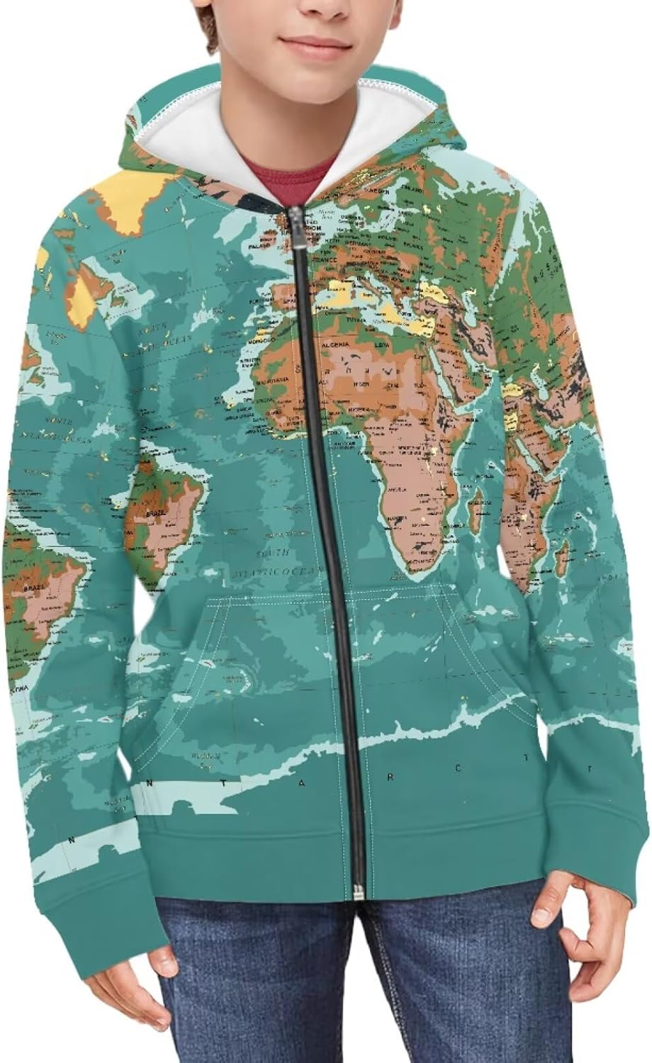 Kid Fall Pullover Sweatshirt Clothes Vintage Long Sleeve Zipper World Map Lime Green Boys Hoodies with Pockets