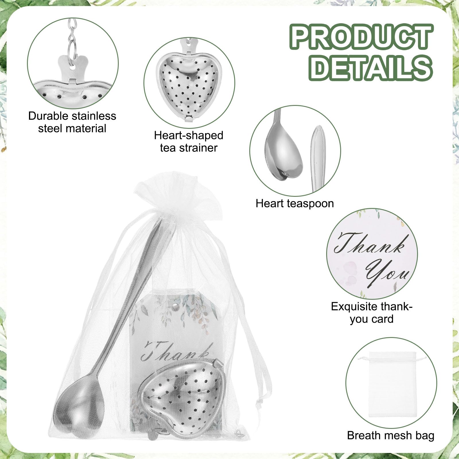 sourcing map Lot de 25 cuillères en forme de cœur avec infuseur en forme de cœur avec carte de remerciement, sac en maille, pour cadeau souvenir de mariage, accessoires de thé, cadeau de retour