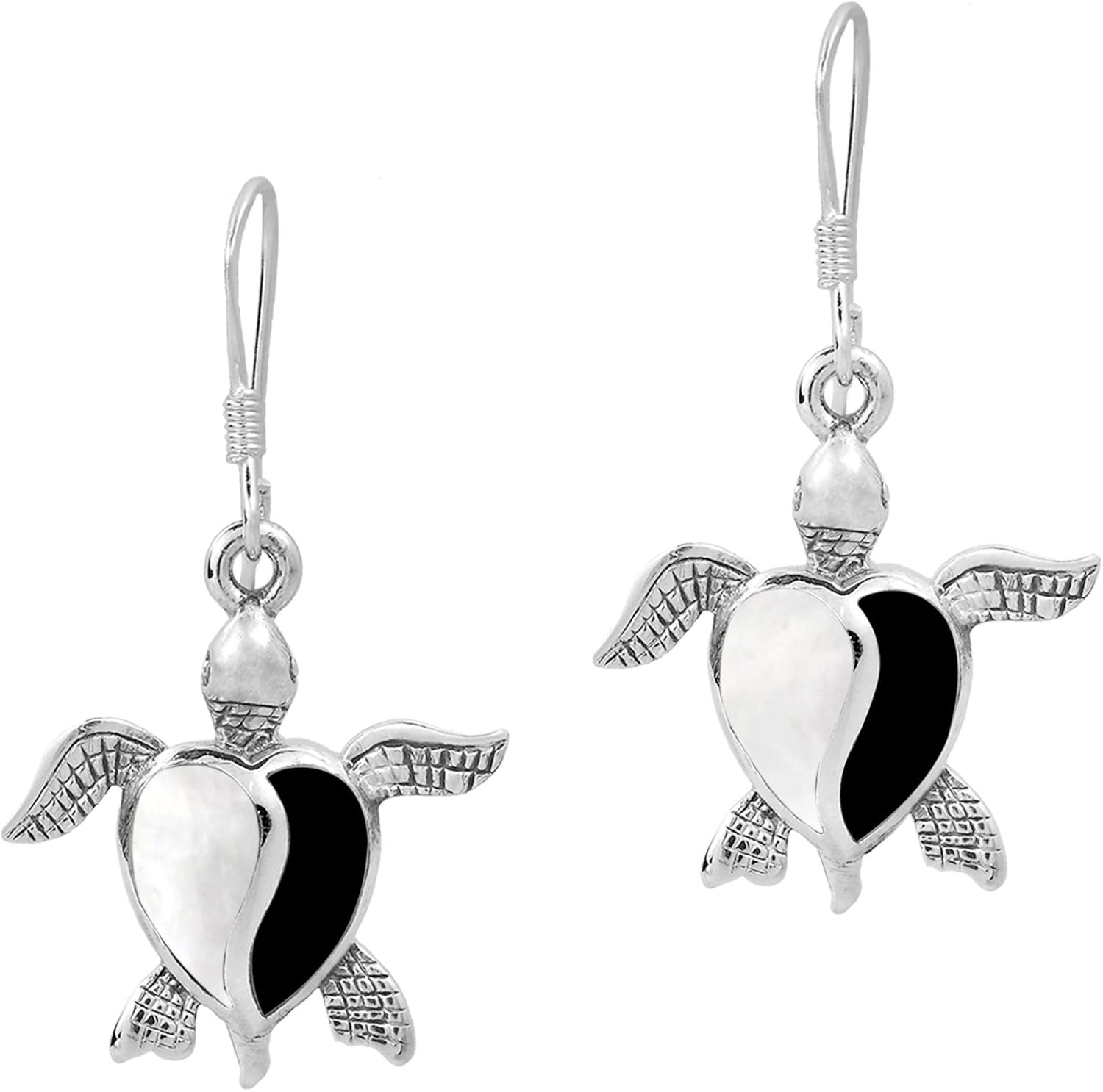 Love Life Sea Turtle Heart Black White MOP .925 Sterling Silver Dangle Earrings