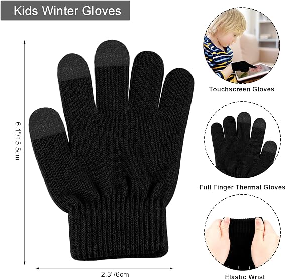 Hicdaw Kids Winter Hats Gloves Scarf Set Touchscreen Glove With Removable Pompom Fleece Lined Toddler Beanie Hat for Boy Girl