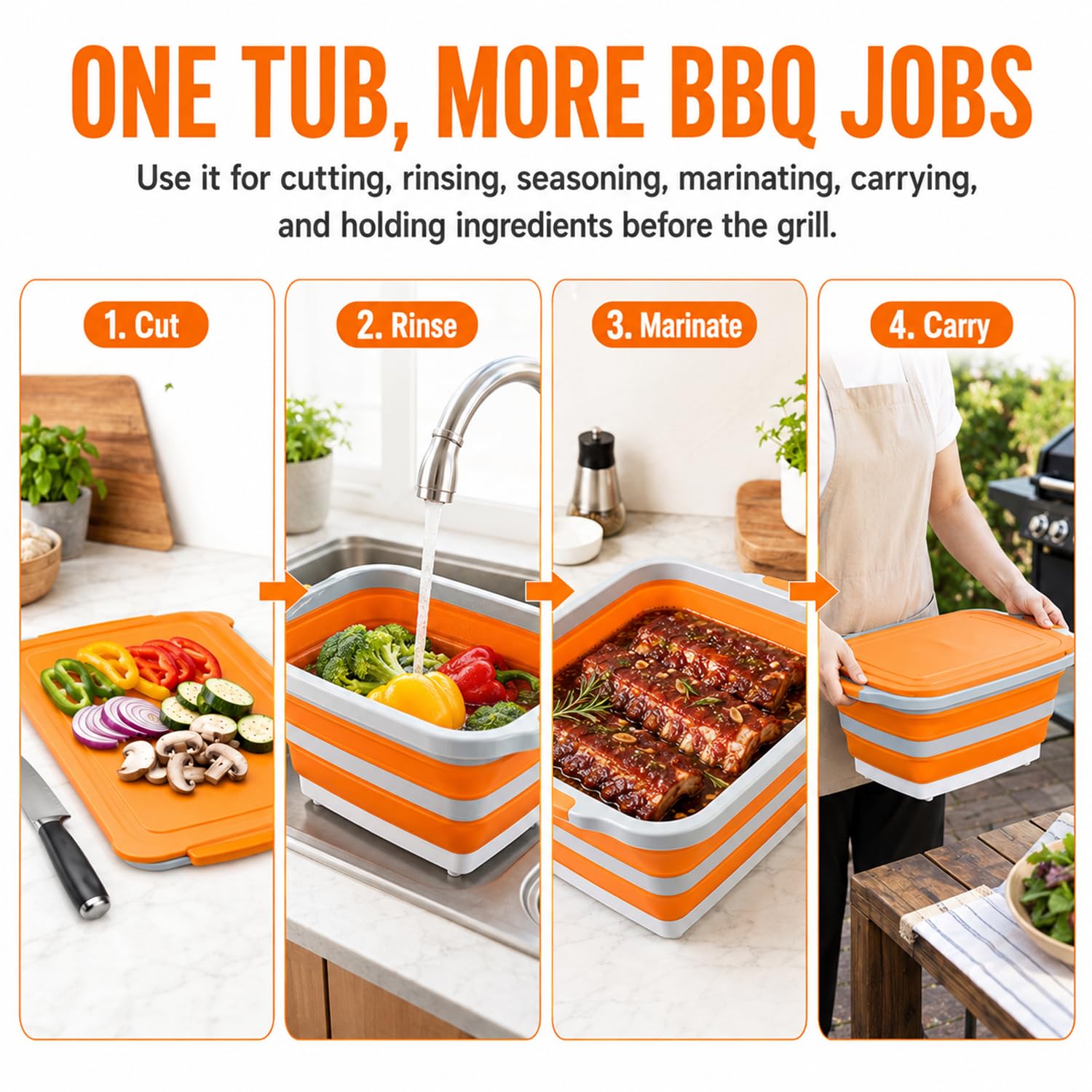 Tina de preparación para barbacoa, 30 L, color naranja, estación de preparación para parrilla XXL para cocinar | Tina de preparación de parrilla de 30 litros para cocinas, camping, servir y limpiar