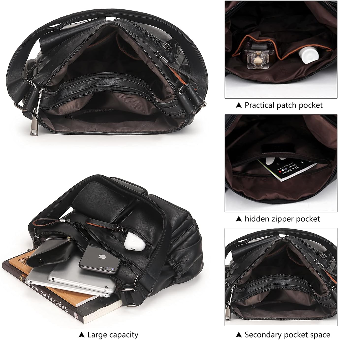 Artwell Fashion Hobo Crossbody Bag For Women Shoulder Bag PU Leather Handbags Purses Multi Pocket Zipper Messenger Tote Bag