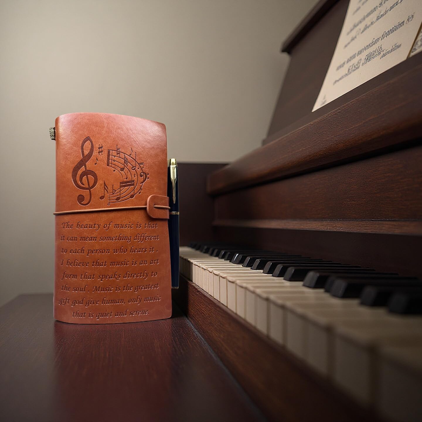 Leather Bound Musician Journal - Unique Music Journal Notebook for Soulful Expression, A6 Size with Inspirational Music Quotes, Half Lined & Blank Pages, Pen Holder. Gift Set (Includes Pen)​ - Image 7