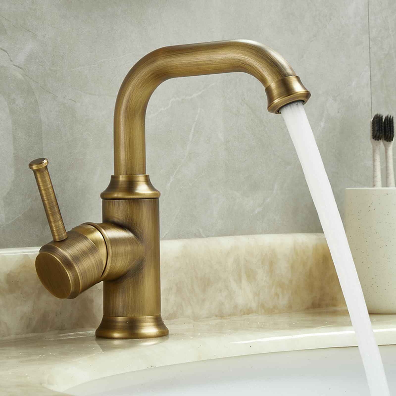 ANVLOJRIH Antique Brass Bathroom Sink Mixer Tap, Single Handle with 360° Rotatable Hot and Cold Basin Taps Mixers