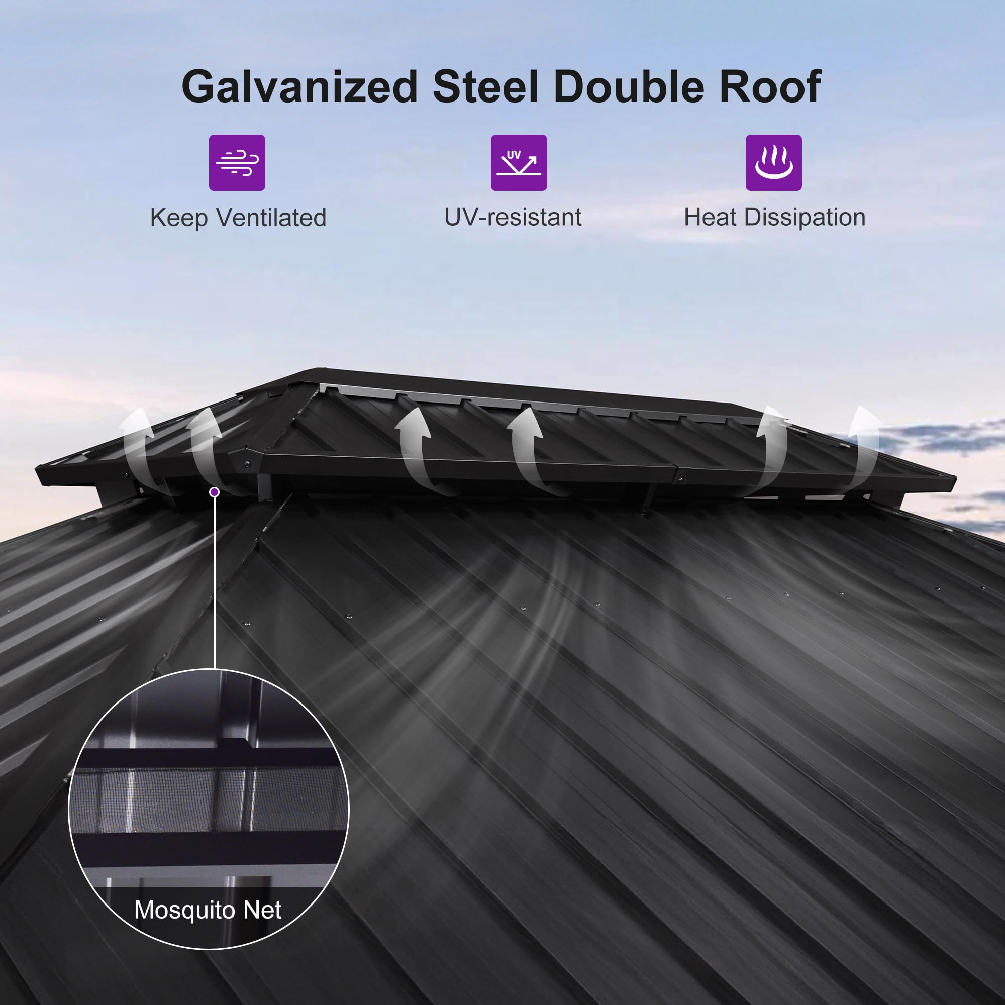 PURPLE LEAF 12' X 14' Patio Hardtop Gazebo Double Top Outdoor Screen Aluminum Solarium Backyard with Detachable Windows: 10' X 14' Gazebo with Solar Lights