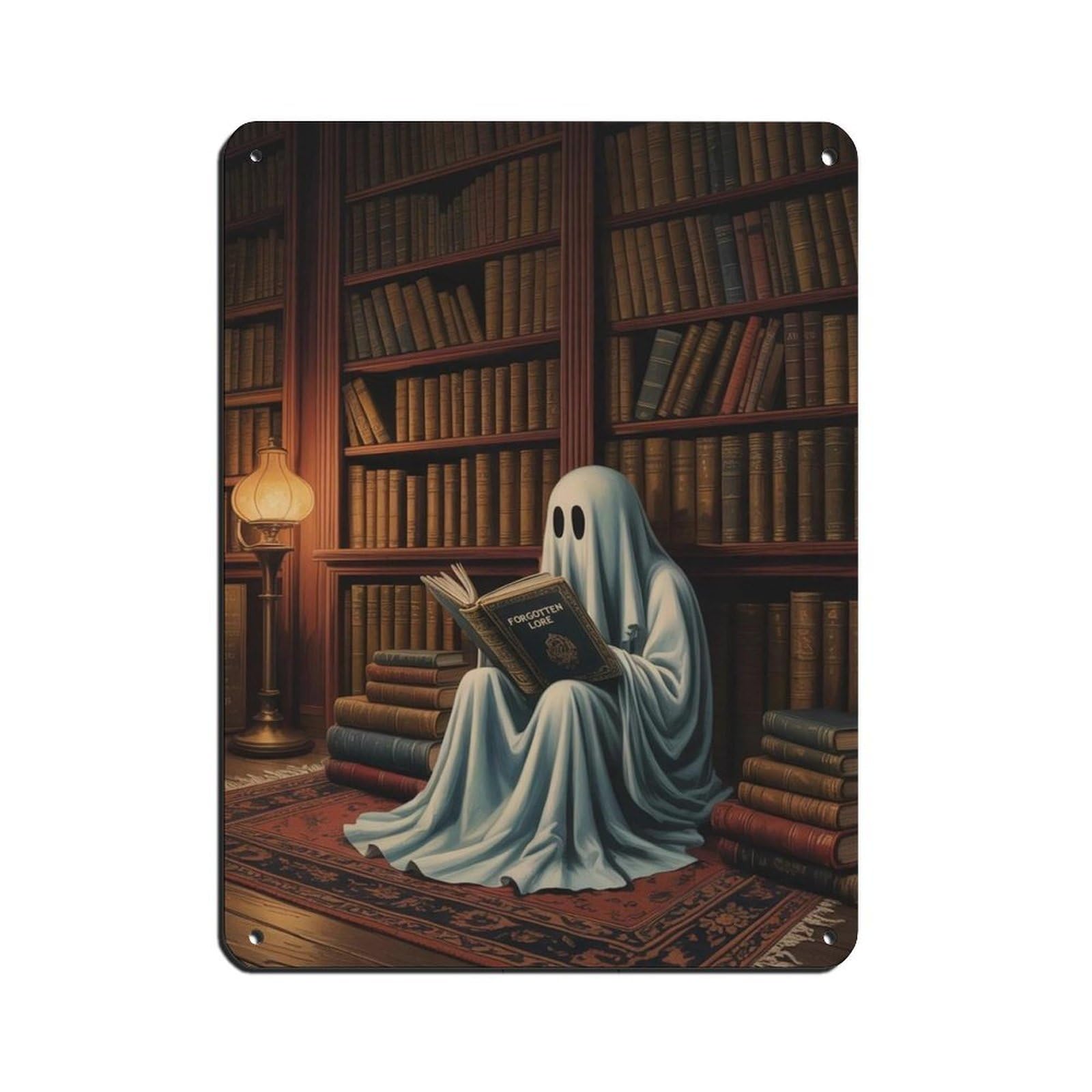 Ghost Reading Book in A Library Poster Tin Sign Vintage Metal Pub Club Cafe Bar Home Wall Art Decoration Poster Retro 12x16inch(30x40cm)