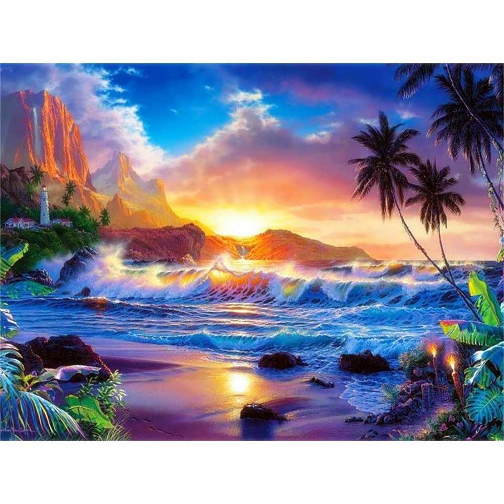 Peinture diamant complète mer contre le stress : kit strass carrés déco grand format