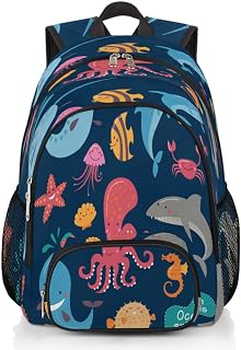 Mochilas Escolares Golfinho Polvo Caranguejo Mar para Meninas Meninos Adolescentes Estudantes - Mochila Escolar Elegante - Mochilas de Viagem Resistente à Água para Mulheres Homens, Multicolor, Large