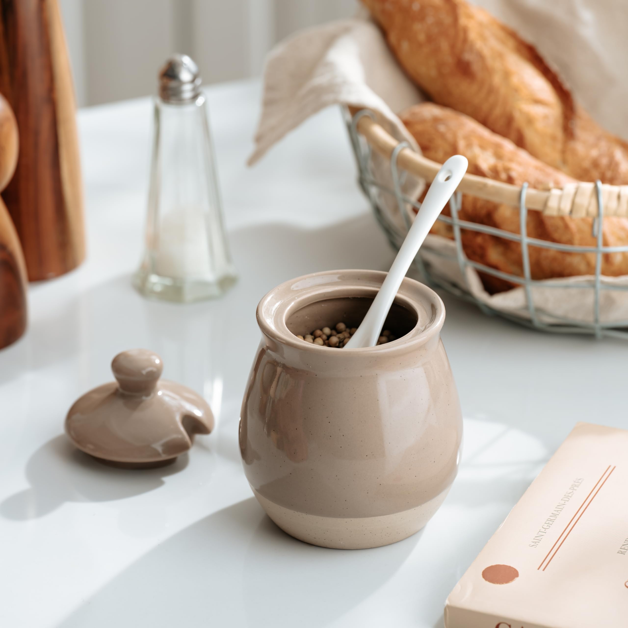 famiware Milkyway Sucrier avec couvercle et cuillère, pot à sucre en céramique de 283,5 g, distributeur pour sel, condiments, épices, assaisonnements, récipient à sucre pour café, cuisine et comptoir