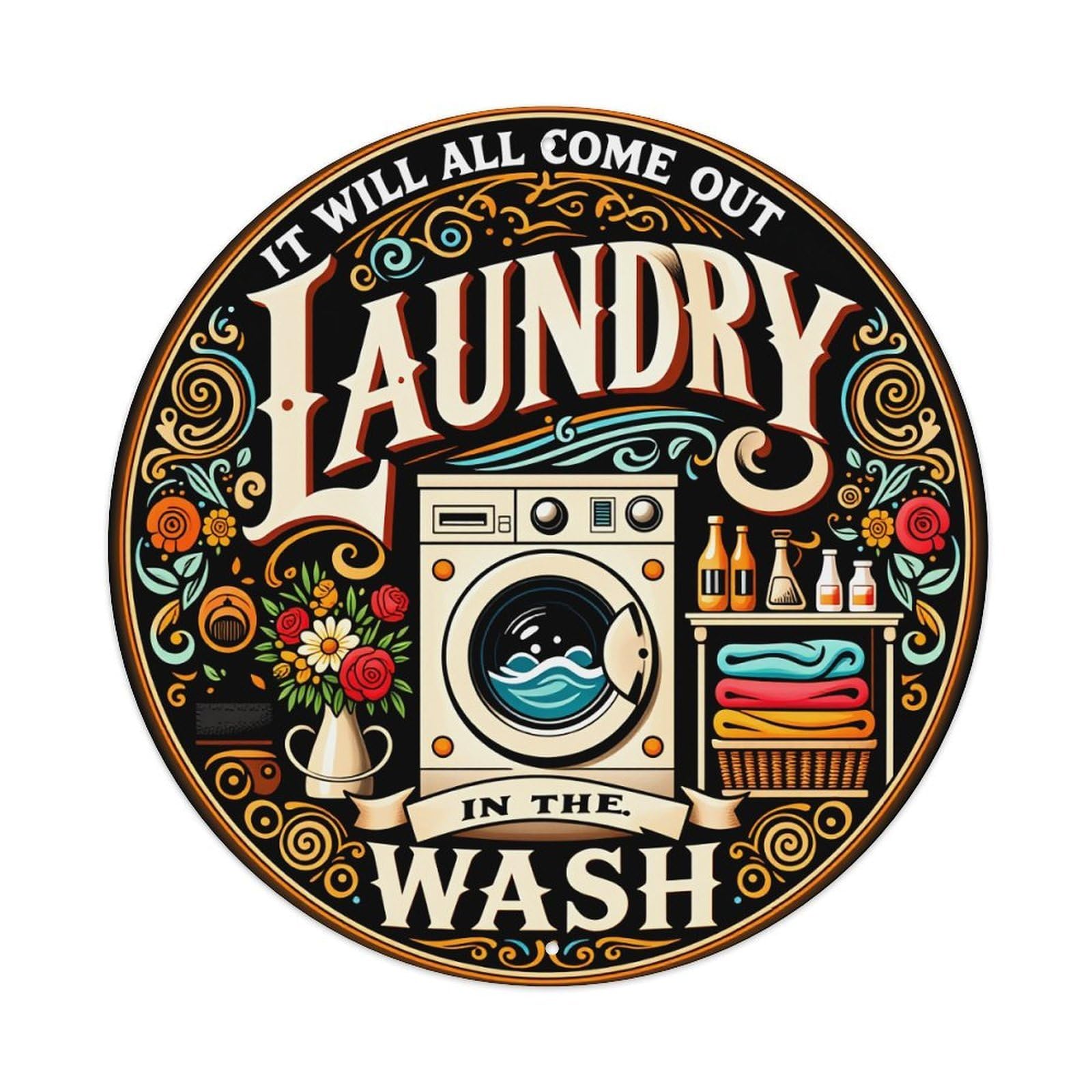Laundry Machine Flowers Bottles Basket Metal Tin Sign Vintage Garden Bedroom Cafe Bar Man Cave Home Wall Decor Metal Poster 8x8 inches