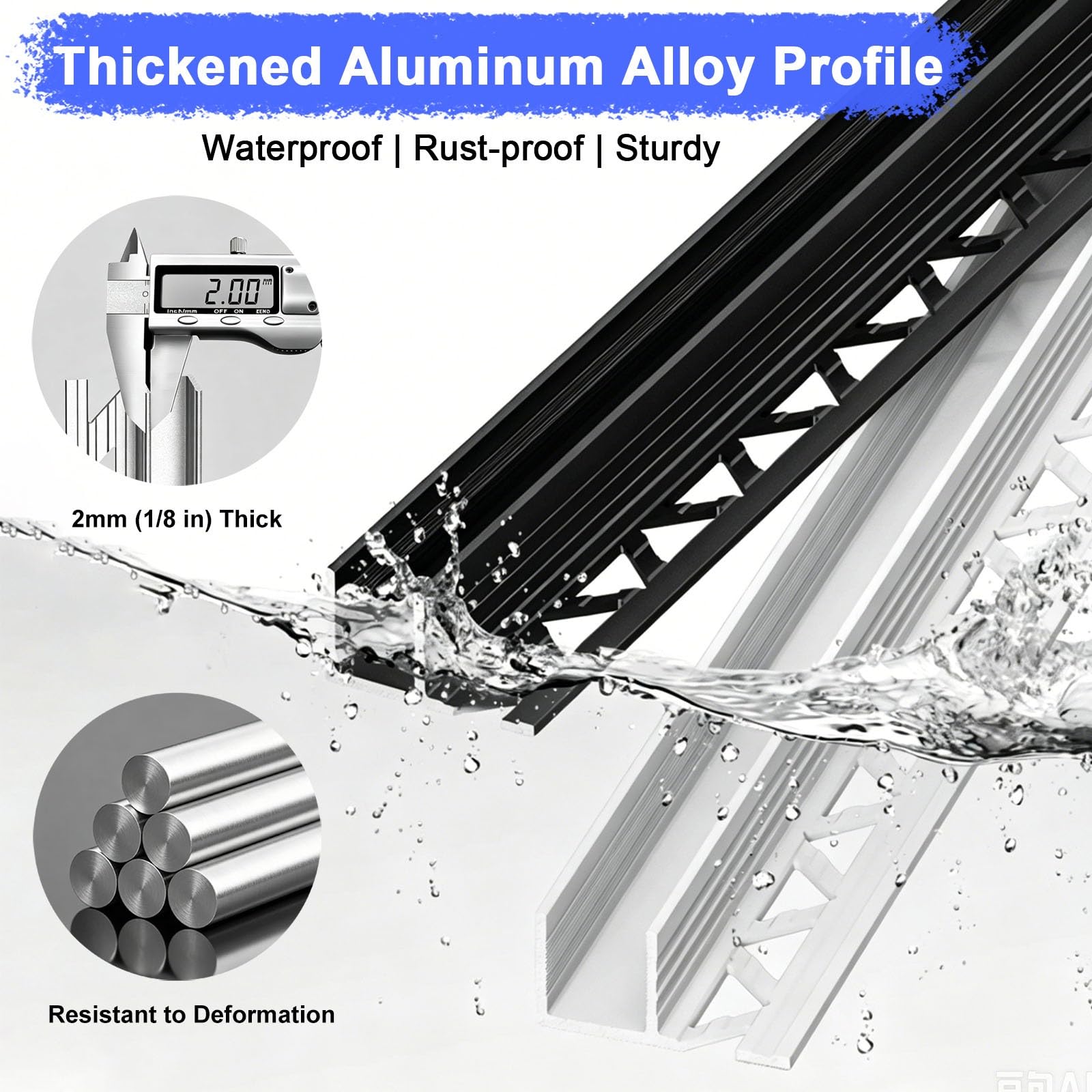 U profundo de aluminio Perfil Empotrado Para Puerta De Vidrio Sin Marco (apto Para Espesor De 12 Mm), 2 Rieles De Ducha De Aluminio En Forma De F Con Junta(White,180cm/5.9ft)