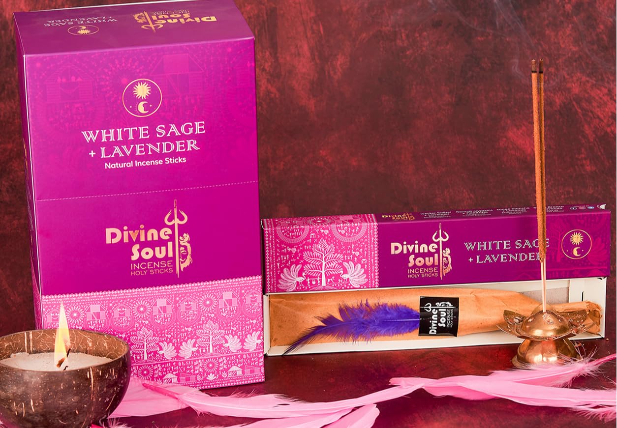 Divine Soul White Sage & Lavender Incense Sticks – 3 Pack Set with JRose Incense Burner – Calming & Cleansing for Meditation, Yoga & Home Fragrance