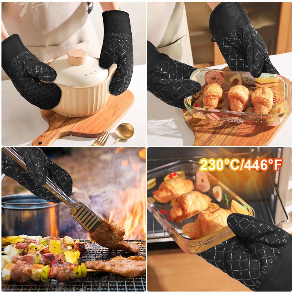 AUAUY Oven Mitts and Pot Holders 4PCS Set, 230°C/446°F Heat Resistant BBQ Gloves, Extra Thicken Long Cotton Oven Mittens, Silicone Stripes Non-Slip Kitchen Mittens for Cooking Baking Grilling - Image 6