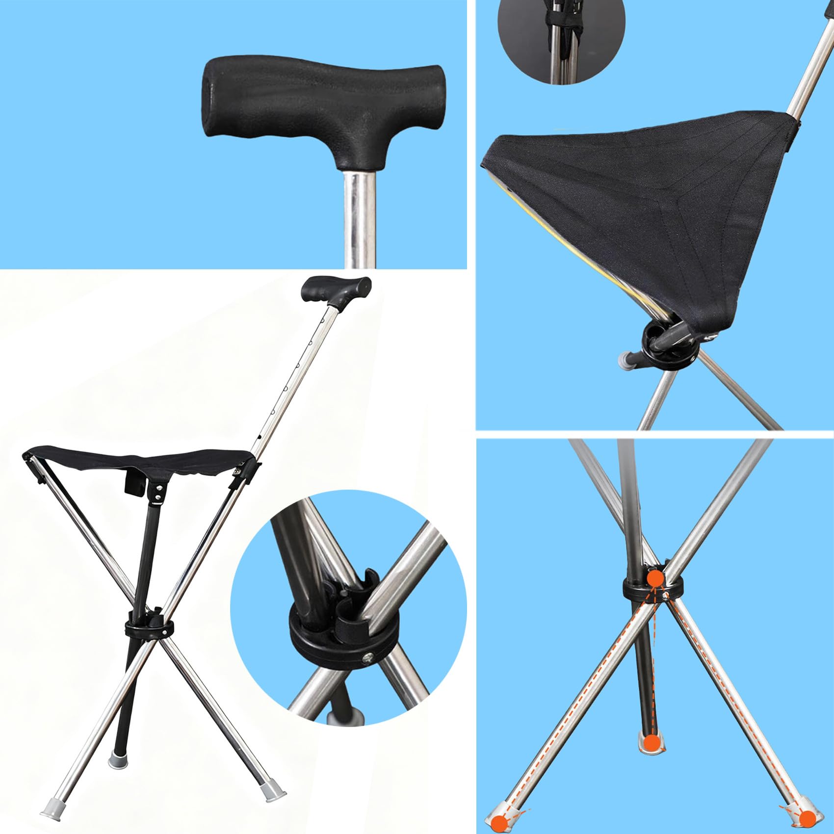 Bastón plegable con función de asiento, altura de 80 – 90 cm, capacidad de carga de 150 kg, base de silicona antideslizante, para personas mayores de 140 – 190 cm, ideal para exteriores
