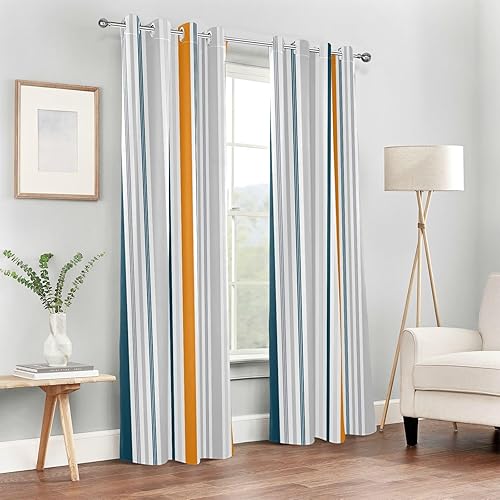 Miniatura 6 de Cortinas opacas con rayas grises y azules, naranjas y grises, cubierta de ventana de 84 pulgadas para dormitorio y sala de estar, cortinas