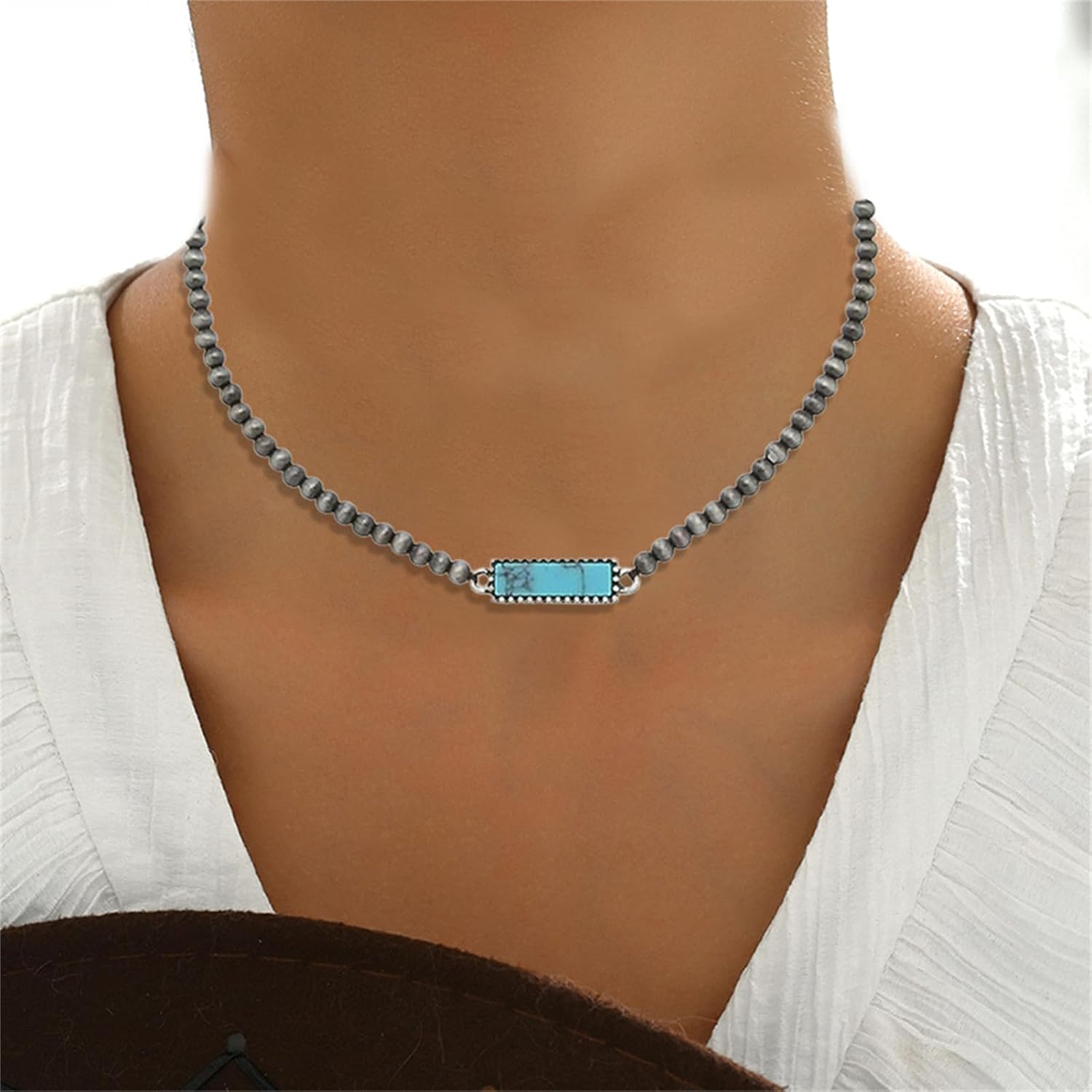 coadipress Navajo Pearl Necklace Western Jewelry for Women Boho Beaded Choker Necklaces Vintage Turquoise Pendant Cowgirl Necklace - Image 3