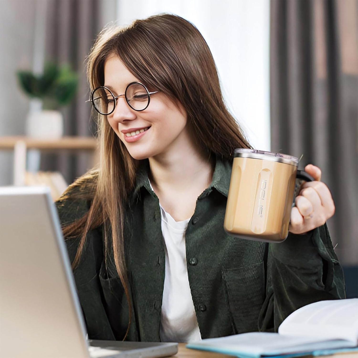 Ideus 16 oz Coffee Cup, Stainless Steel Coffee Travel Mug, Spill Proof Tea Mug with Handle and Lid, Lightweight and Durable, Great for Office Home and Outdoor Use, Golden-FUJI FLOW - Image 7