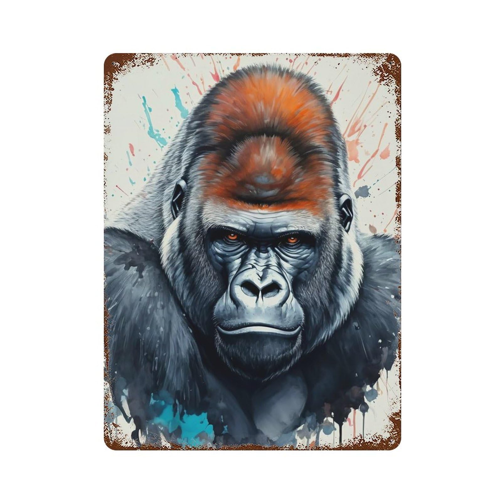 Garage Style Gorilla Portrait with Splashes Paint Rust Effect Tin Sign 15.7"x11.8", Farmhouse Wall Decor for Bar And Workshop