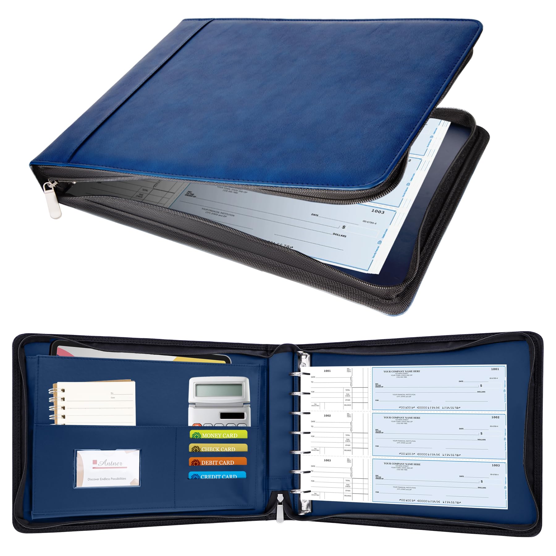 Antner Zippered 7 Ring Business Check Binder Portfolio for 3-Up Business Size Checks, PU Leather 7 Ring Checkbook Binder 600 Checks Capacity for 9" x