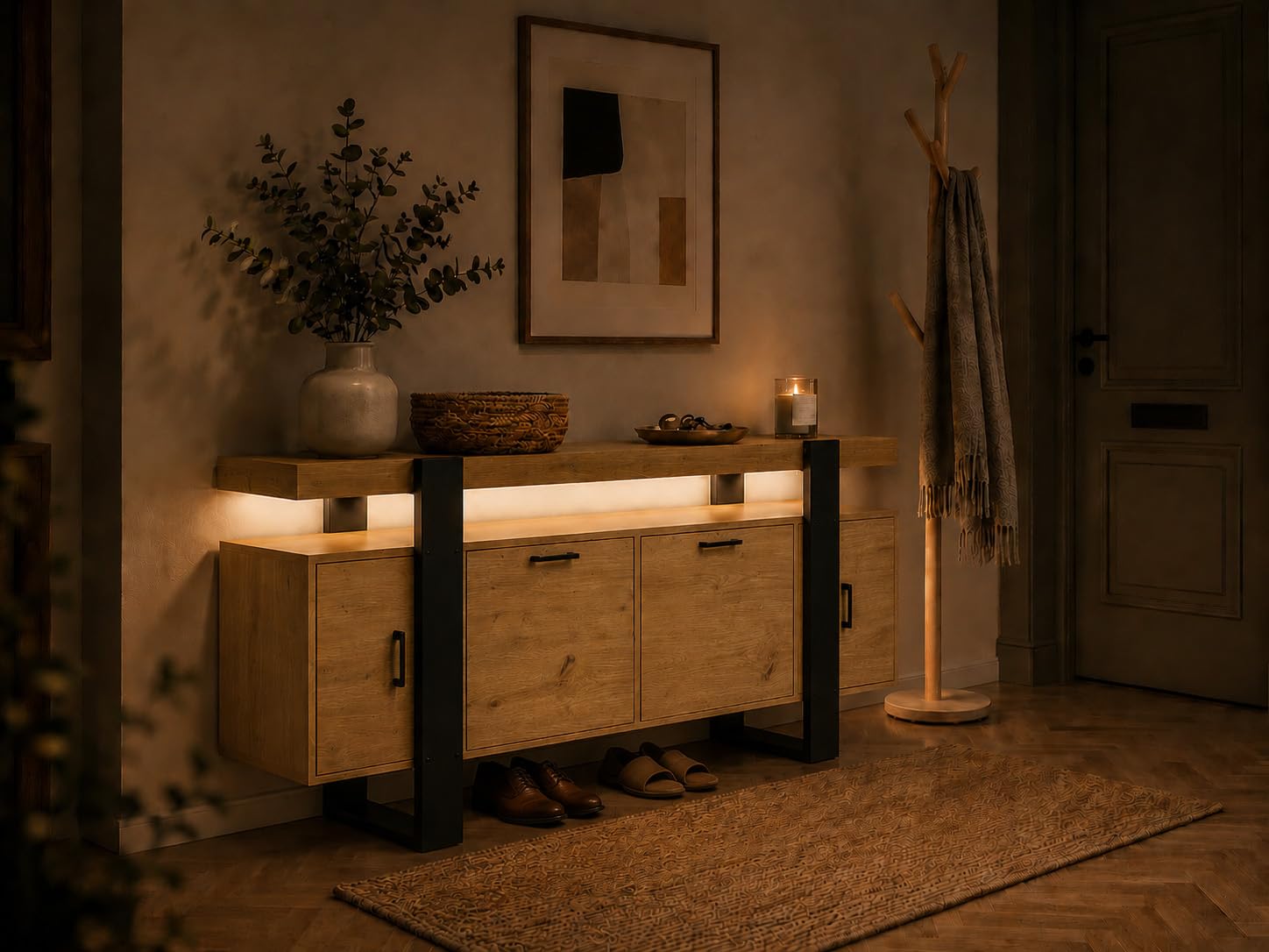 Mueble TV Alto (2 Paquetes) para TV de hasta 60 Pulgadas, Aparador Sideboard con Puertas, 140x40x80 cm, Cómoda para Comedor Entrada Pasillo, Efecto Roble y Negro