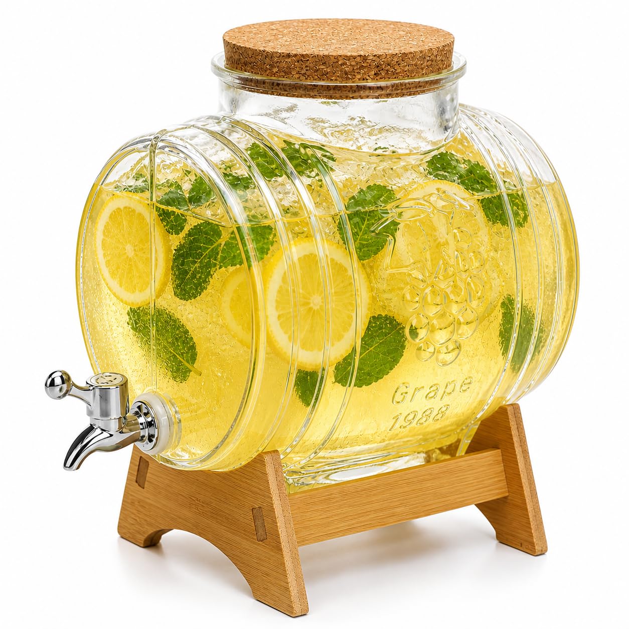 Getränkespender Glas mit Zapfhahn und Holzständer, Glasfass mit Korkdeckel, Limonadenspender für Party, Hochzeit, Garten, Grillabend, Saft, Eistee, Bowle, Likör und Wein (3L)