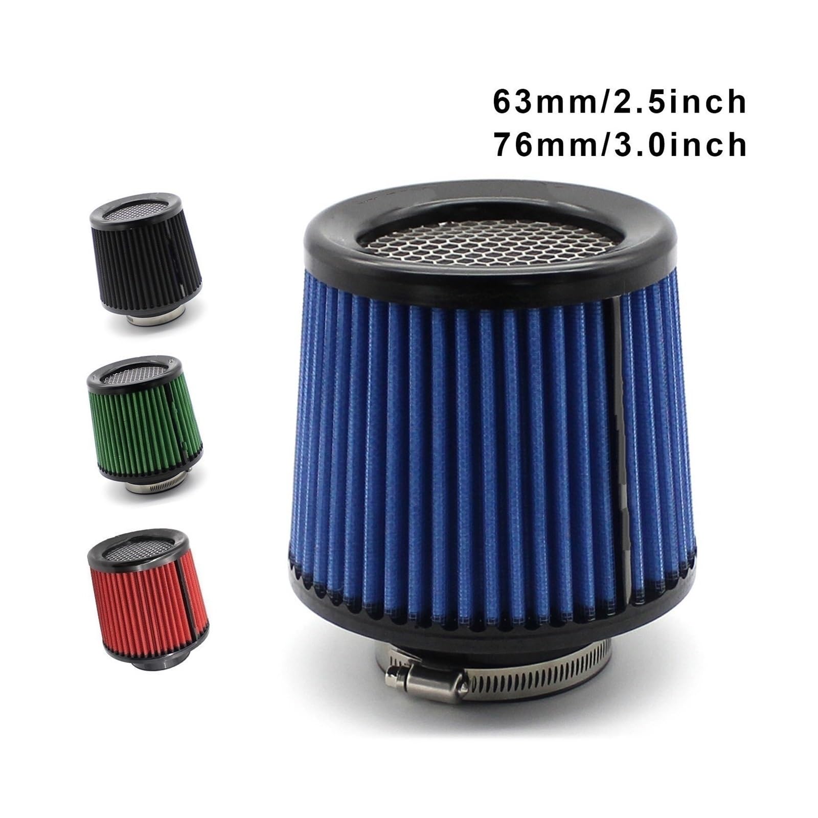 Filtr powietrza silnika Filtr wlotu powietrza stożkowego o wysokim przepływie 63 mm 76, 2,5 cala, 3 cale, uniwersalny, pasujący do rur wlotowych w samochodach(76mm Blue)
