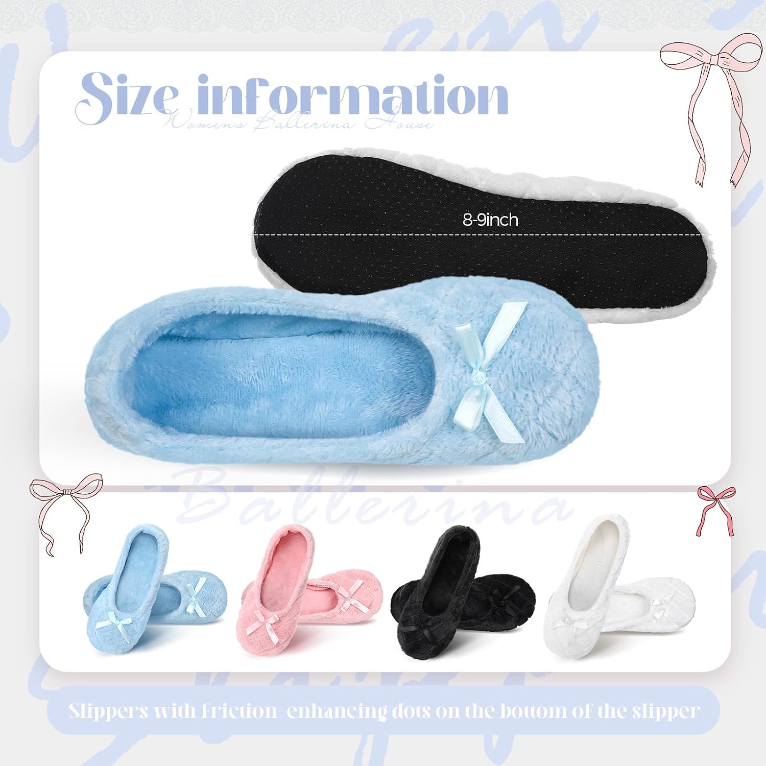 Geyoga 4 Pairs Women's Slippers Ballerina Ballet with Satin Bow Tie Non Slip Slippers Ballet House Socks for Wedding Housewarming