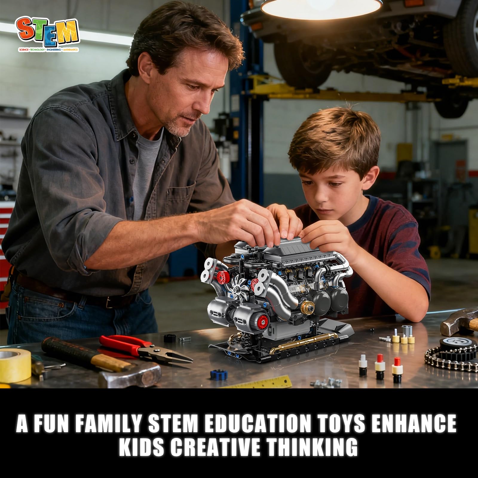 W16 Engine Building Blocks Set for Adults, STEM Mini 16-Cylinder Engine Model Kit That Runs, Compatible with Lego Car, DIY Physical Science Experiment Toy for Teens Kids Boys (801 PCS)