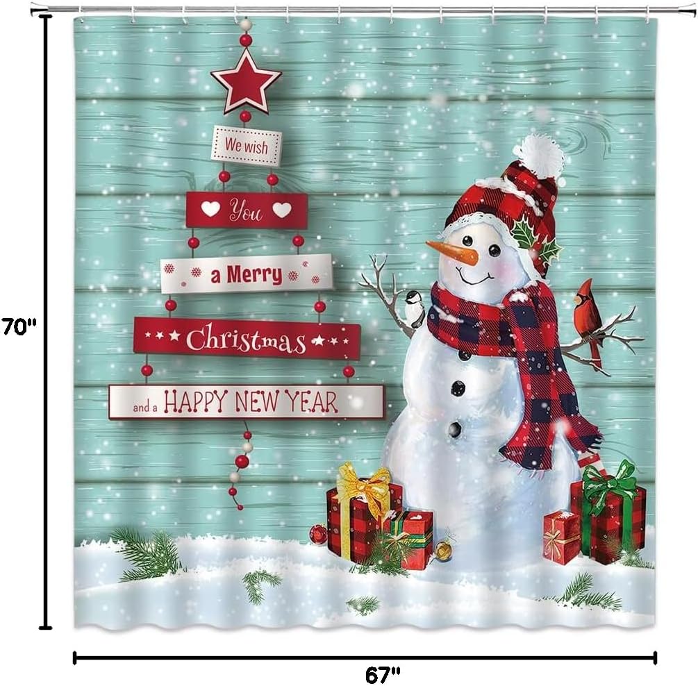 Snowman Shower Curtain Merry Christmas Cute Snowman Teal Barn Door Snowflake Rustic Farmhouse Winter Holiday Fabric Bathroom Curtain Sets with Hooks