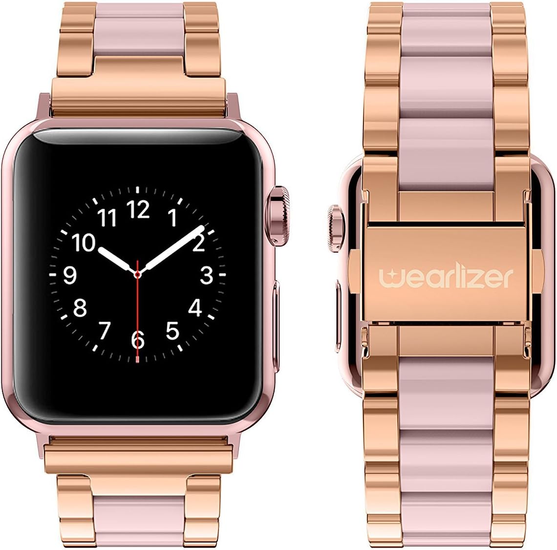 Wearlizer Compatible with Apple Watch Band 38/40/41/42mm Fashion Wristbands Women, Stainless Steel + Resin Metal Replacement for iWatch Series 11 10 9 8 7 6 5 4 3 SE/Ultra 3 2 1-Dark Rose Gold+Pink - Image 2