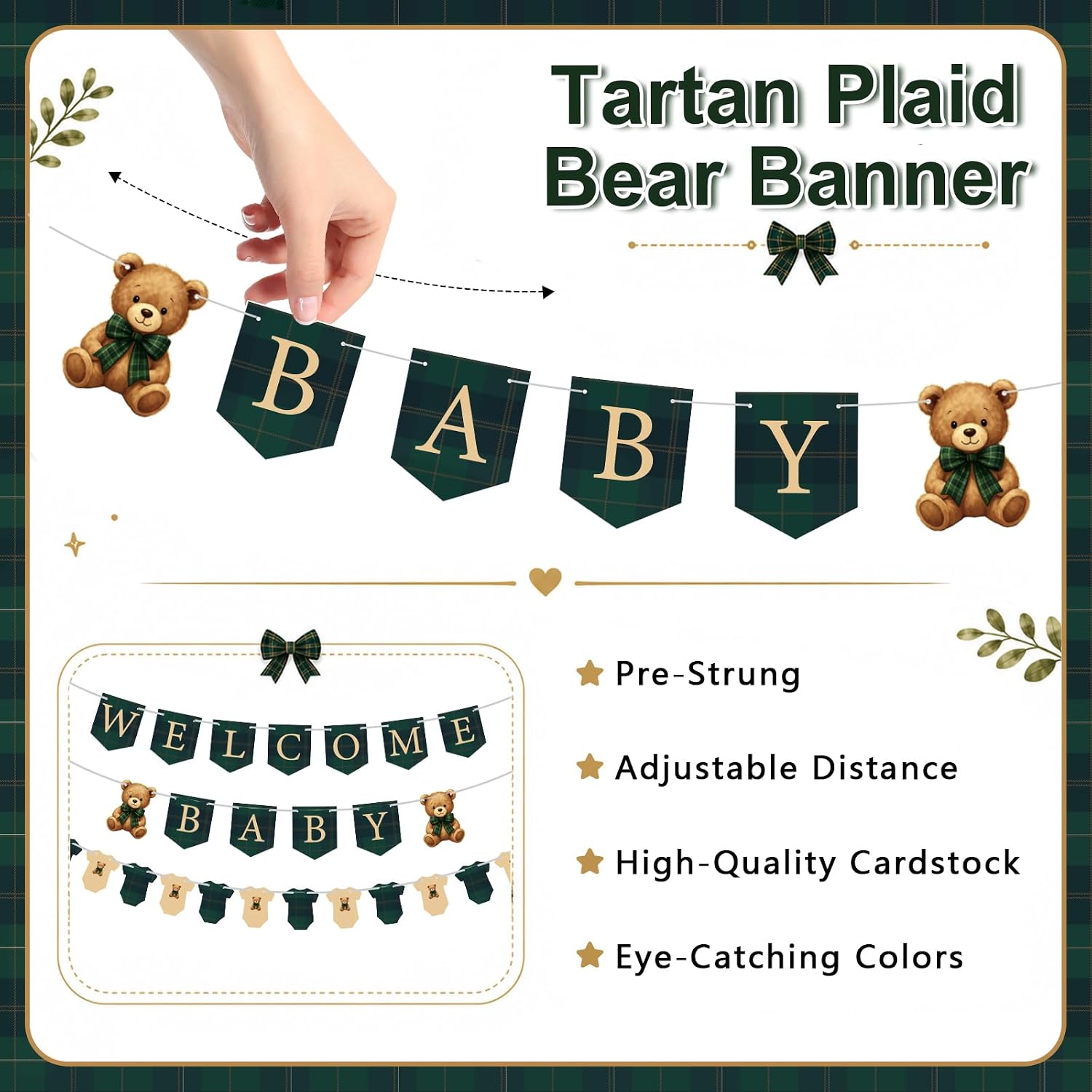 3 Pcs Green Blue Plaid Bear Baby Shower Banner Set