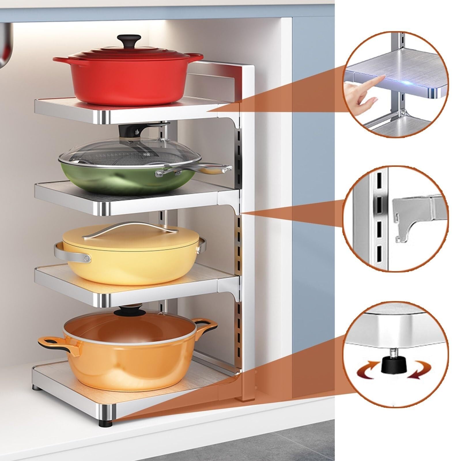Unterschrank Organizer Edelstahl, Vorratsschrank Organizer Mehrstufig | Küchen Organizer Schrank Höhenverstellbar, Topf Organizer Hoch Belastbar, Schrankregal Abnehmbare Ebenen(4-Tier)