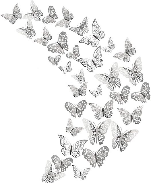 36Pcs Silver 3D Butterfly Wall Stickers Metallic Art Sticker Butterfly Wall Decals for Home Decor Butterflies Fridge Sticker Room Decoration Party Wedding Décor