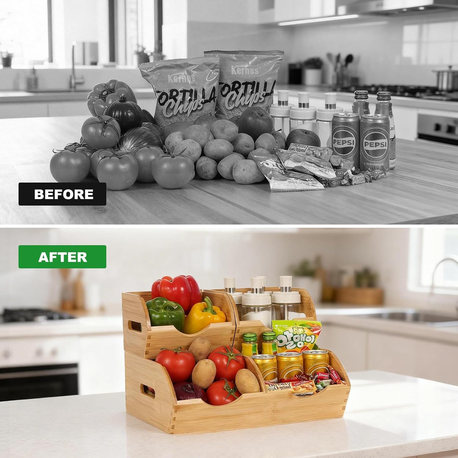 Bamboo Pantry Organizer Bins, Countertop Storage Container for Onion and Potato, Upgraded Airflow Design Keeps Fruits and Vegetables Fresh, Multi-Purpose for Kitchen, Snack Storage, Bathroom(3 Pack)