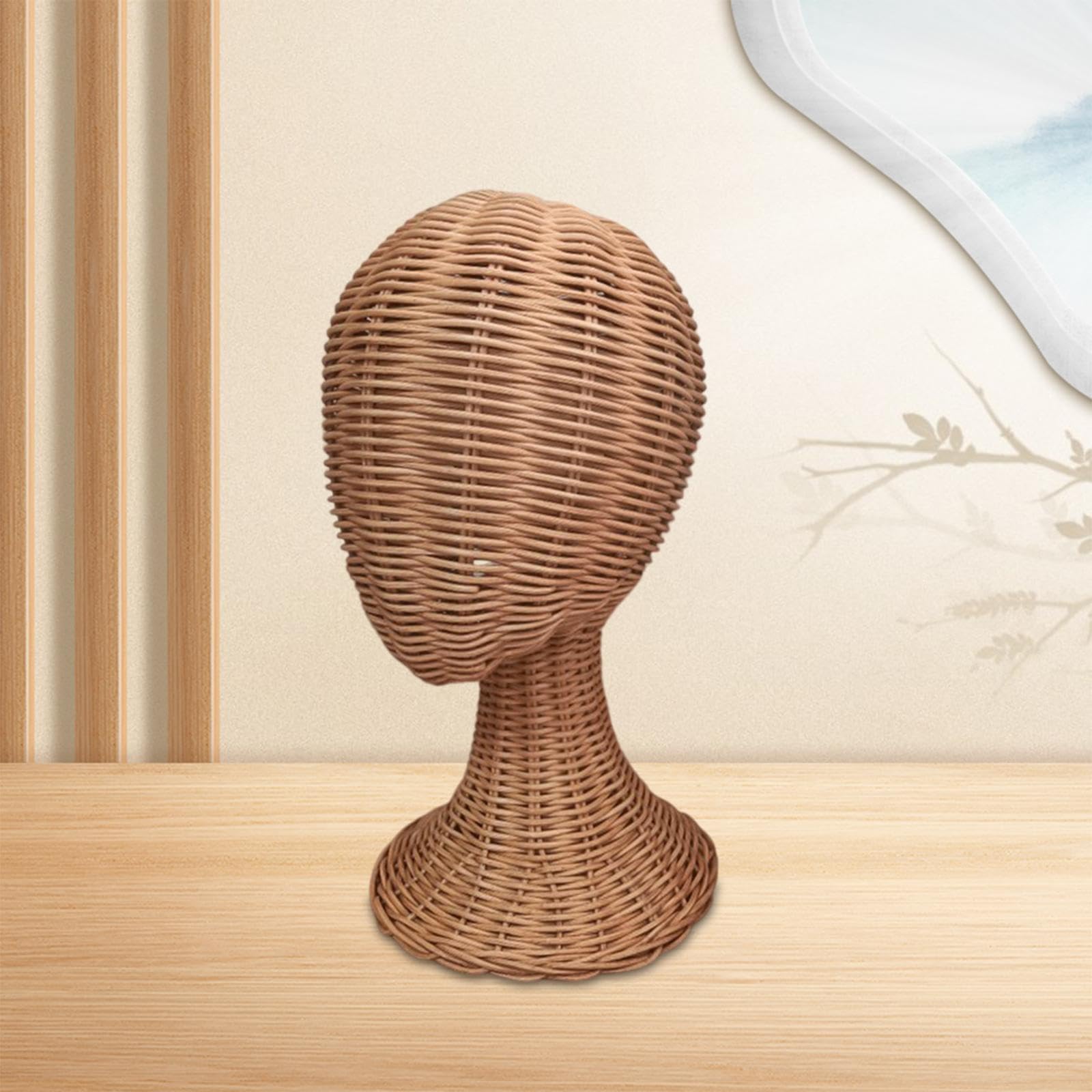 harayaa Tête de Présentation en Rotin avec Base Antiretournement, Présentoir à Chapeaux Multifonctionnel, Support pour Perruques Tressé Main, Base Stable, pour Vitrine, Magasin et Décoration Maison