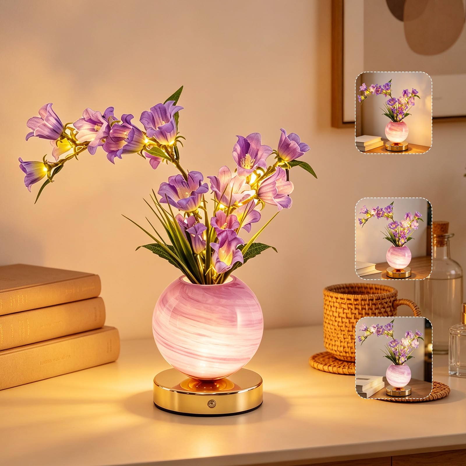 AVEKI Touch Table Lamp, 3 Color Dimmable Crystal Vase Bedside Light, Rechargeable Artificial Flowers Desk Lamp Decor for Date Party Home, Romantic Gift for Woman Mom (Bellflower-Purple)