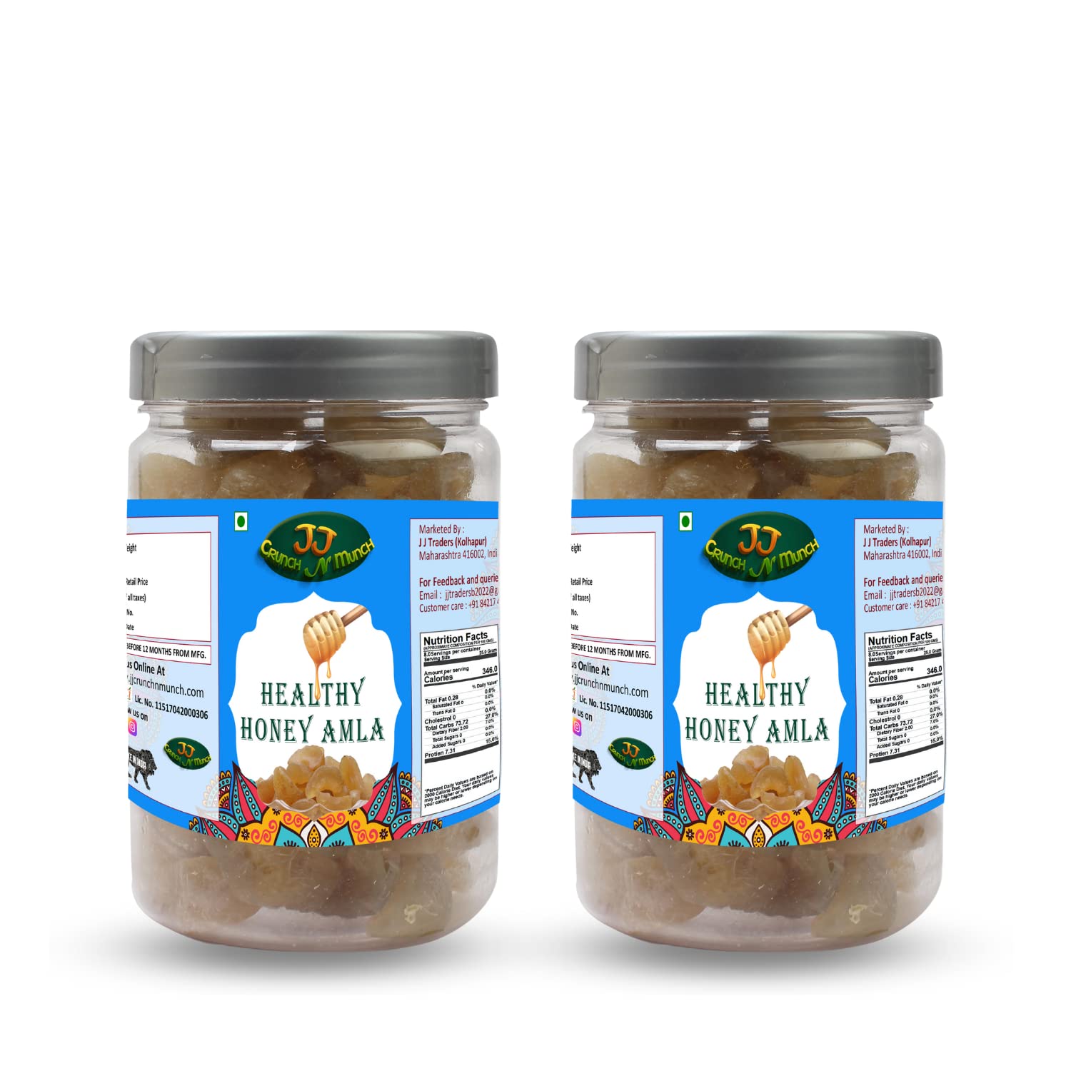 J J Crunch N Munch Honey Amla Candy Pack Of 2 Purely Honey Processed Sugar-free Dry Amla Candy Best For Eyes, Low-Calorie Dry Fruit Snack Natural Honey Sweetened Snack (250 Gm Each).