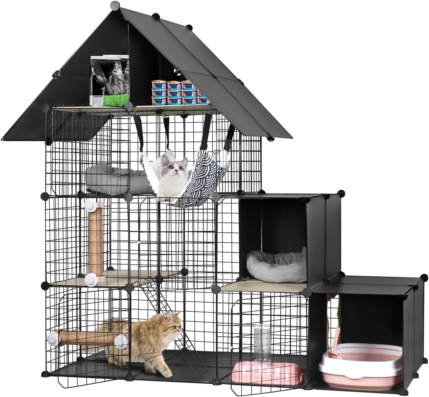 Cat Cages Indoor with Triangular Roof, 3-Tier Large Cat Enclosure with Cat Litter Box, DIY Metal Wire Cat Playpen Kennels Crate with Hammock, Cat Bed, Scratchers, Bowl, Stairs for 1-2 Cats