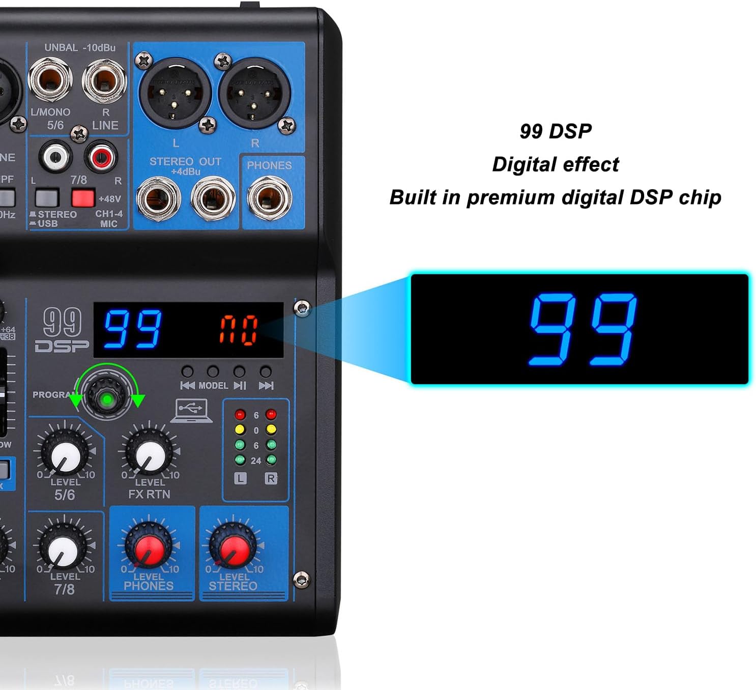 USB flash drive inserted into the mixer's USB port, with icons for laptop and desktop computer.