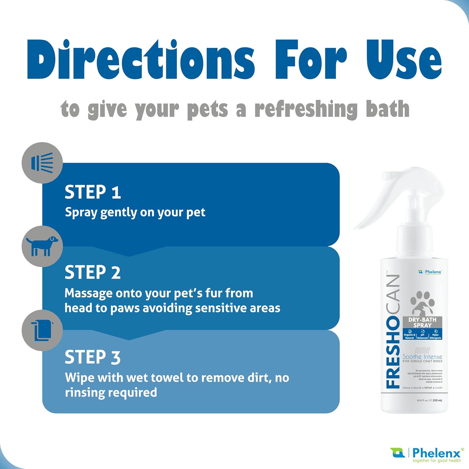 Phelenx | Fresocaine - Dry Bath Spray for Single Kot Dogs | 250 mL (India's first coat specific dog shampoo and dry bath) Phelenx | Fresocaine - Dry Bath Spray for Single Kot Dogs | 250 mL (India's first coat specific dog shampoo and dry bath)