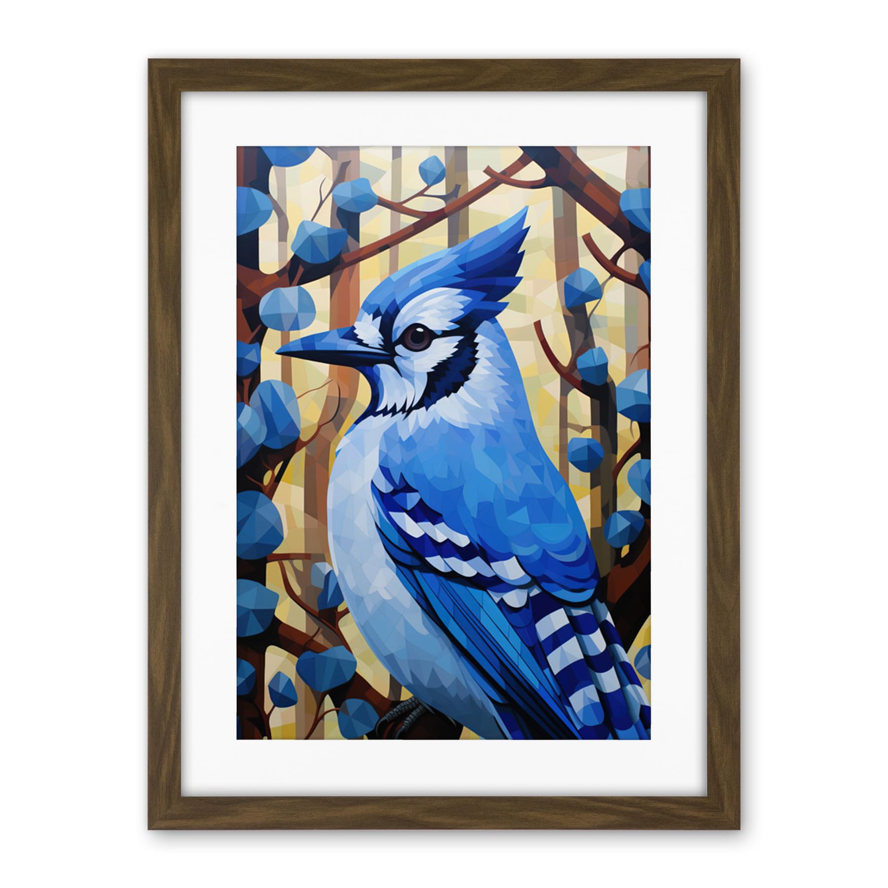 Artery8 Blue Jay Geometric Artwork Wild Bird Perched on Tree Polygonal Forest Landscape Artwork Framed Wall Art Print 18X24 Inch